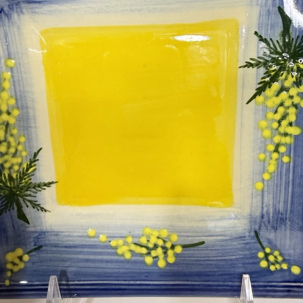 Atelier Du‎ Sage France Mimosa 7X7 Square Plate Hand Painted Blue Yellow #363